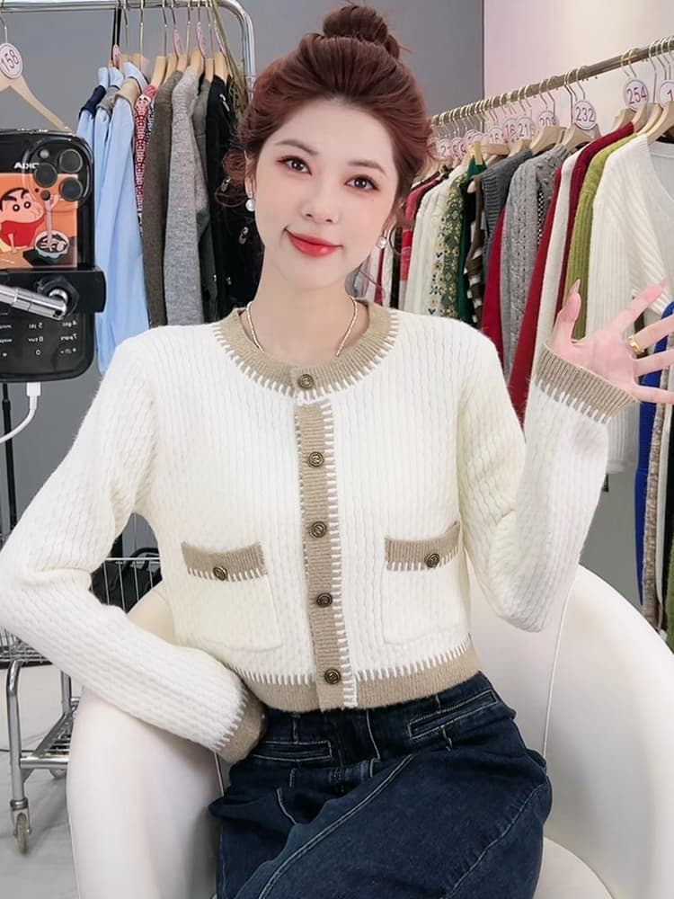다용도 패션 패치워크 색상 품격 라운드 넥 긴팔 카디건 코트 스웨터 2026 가을 새로운 상세 이미지 4