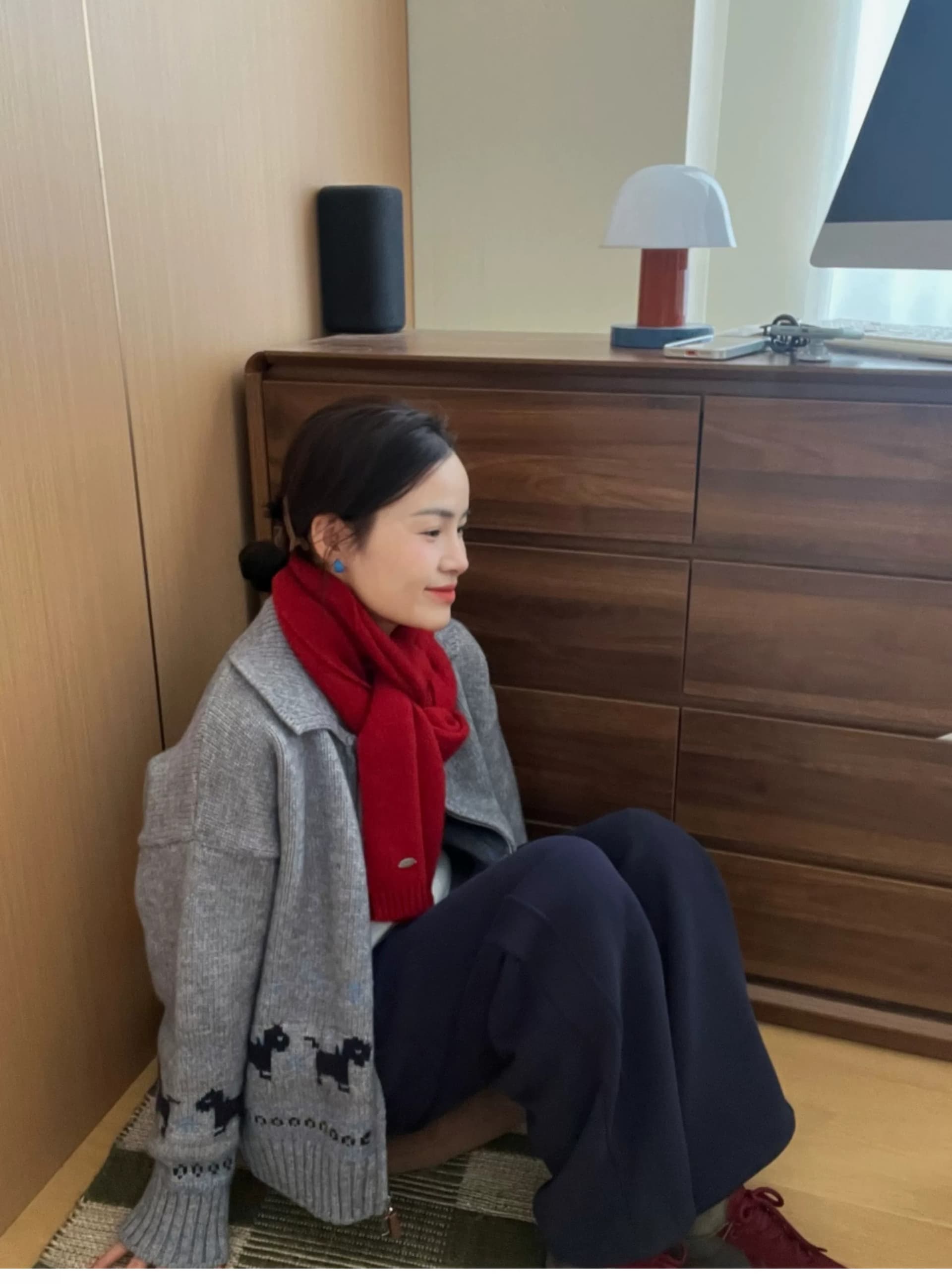 자카드 작은 말 빨간색 크리스마스 스웨터 여성 코트 2026 겨울 새로운 신년 폴로 칼라 니트 오픈 가디건 상세 이미지 32