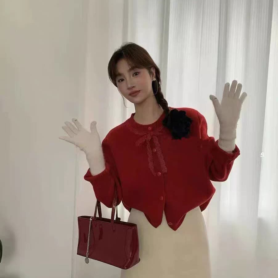 한 부서 달콤함 연령 감소 레이스 조각 레이스업 니트 재킷 가을 겨울 새로운 디자인 센스 슬림해 보이는 니트 오픈 가디건 여성 이미지 4