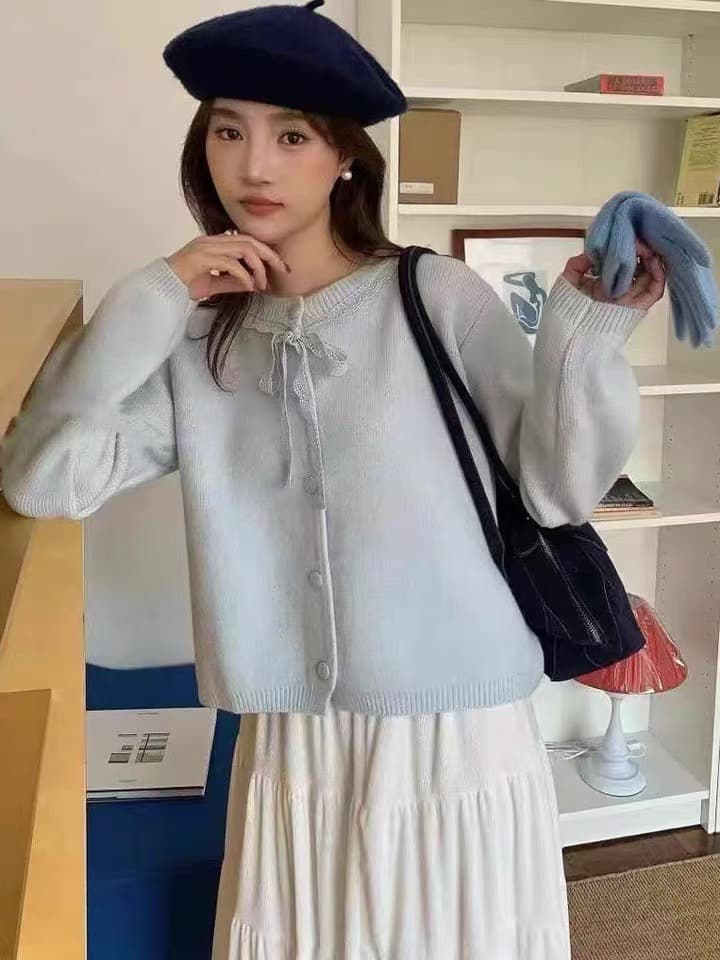 한 부서 달콤함 연령 감소 레이스 조각 레이스업 니트 재킷 가을 겨울 새로운 디자인 센스 슬림해 보이는 니트 오픈 가디건 여성 상세 이미지 2