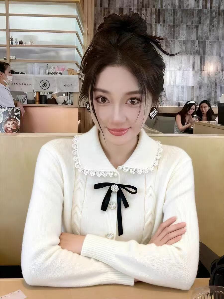 프랑스식 나비 매듭 작은 샤넬 스타일 니트 오픈 가디건 베이비 칼라 긍정적 인 어깨 슬림해 보이는 재킷 이미지 3