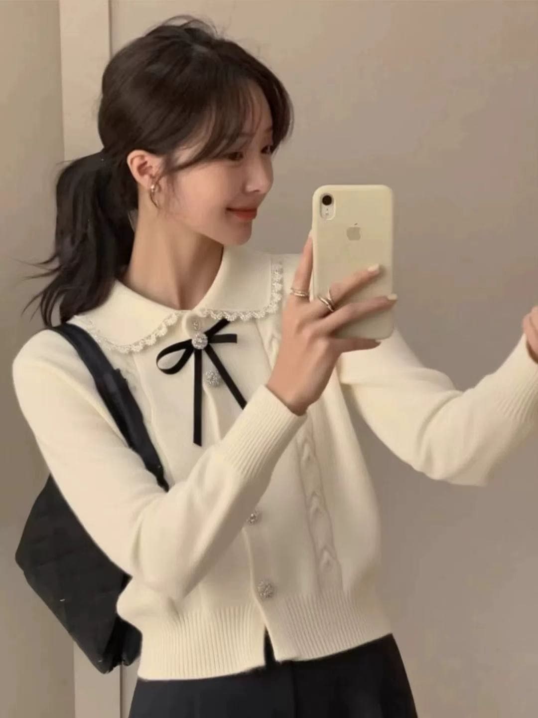 프랑스식 나비 매듭 작은 샤넬 스타일 니트 오픈 가디건 베이비 칼라 긍정적 인 어깨 슬림해 보이는 재킷 상세 이미지 4