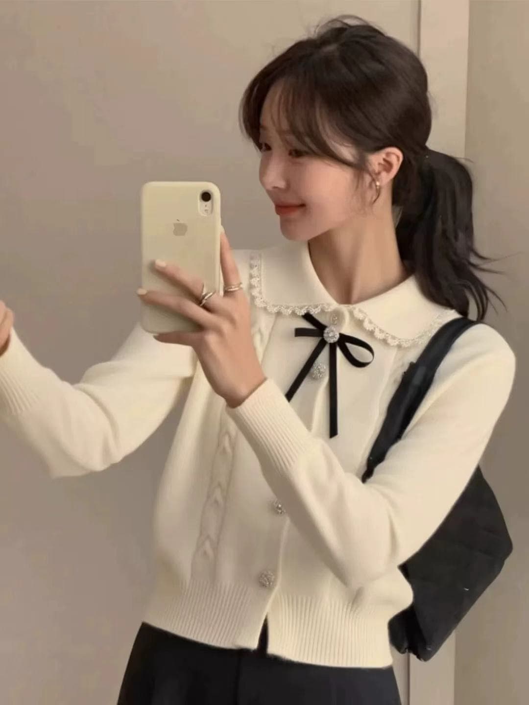 프랑스식 나비 매듭 작은 샤넬 스타일 니트 오픈 가디건 베이비 칼라 긍정적 인 어깨 슬림해 보이는 재킷 상세 이미지 5