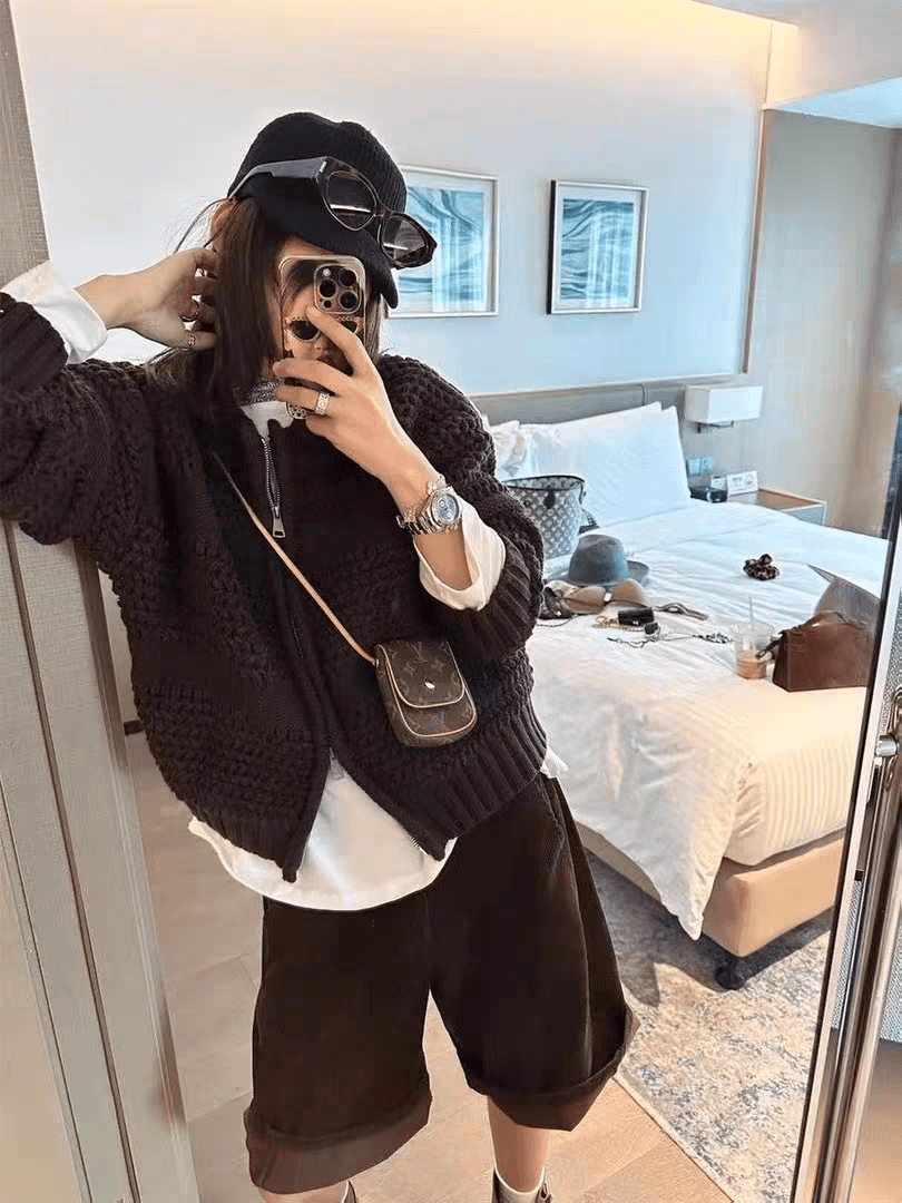 한 부서 두꺼운 가을 겨울 새로운 디자인 센스 더블 지퍼 오픈 가디건 패션 다용도 루즈핏 슬림해 보이는 긴팔 스웨터 코트 이미지 3