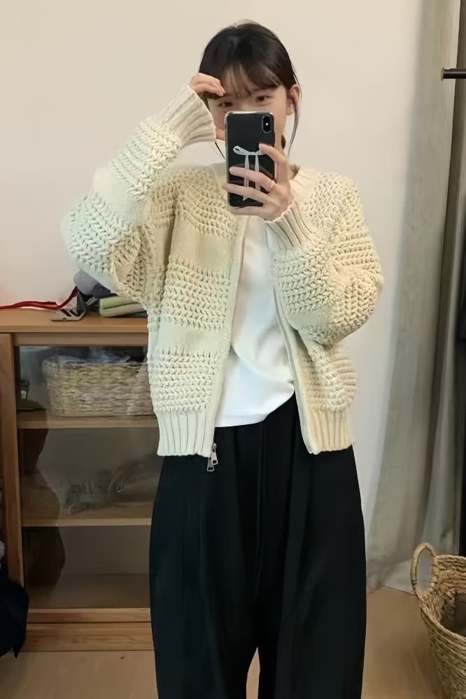 한 부서 두꺼운 가을 겨울 새로운 디자인 센스 더블 지퍼 오픈 가디건 패션 다용도 루즈핏 슬림해 보이는 긴팔 스웨터 코트 이미지 4