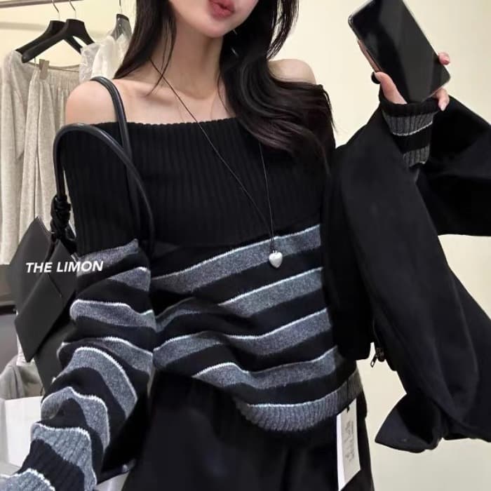 2026 이른 가을 새로운 배색 오프숄더 착용 가져 가라. 디자인 센스 오프숄더 긴팔 슬림해 보이는 다용도 탑 옷깃 스웨터 이미지 3