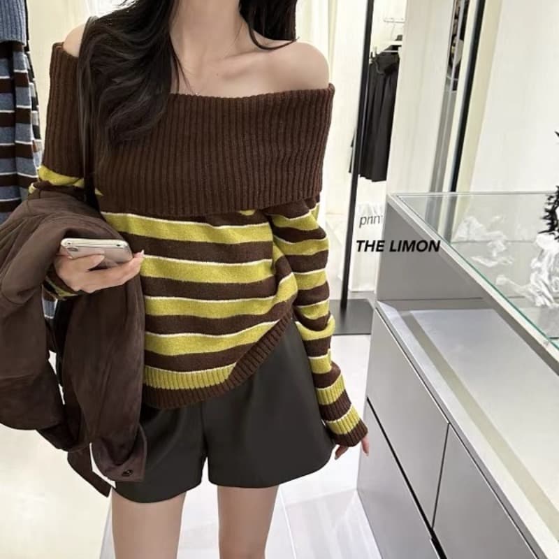 2026 이른 가을 새로운 배색 오프숄더 착용 가져 가라. 디자인 센스 오프숄더 긴팔 슬림해 보이는 다용도 탑 옷깃 스웨터 이미지 4