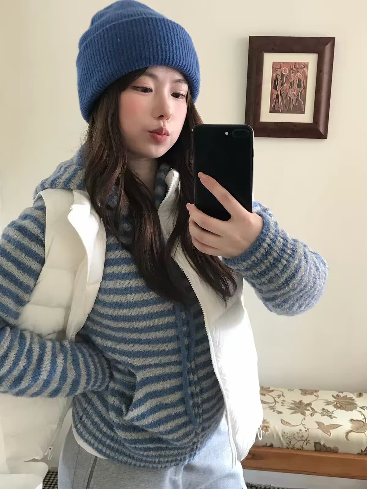스트라이프 법 한 부서 출퇴근 스트라이프 후드 니트 오픈 가디건 쇼트 스타일 스웨터 맨위