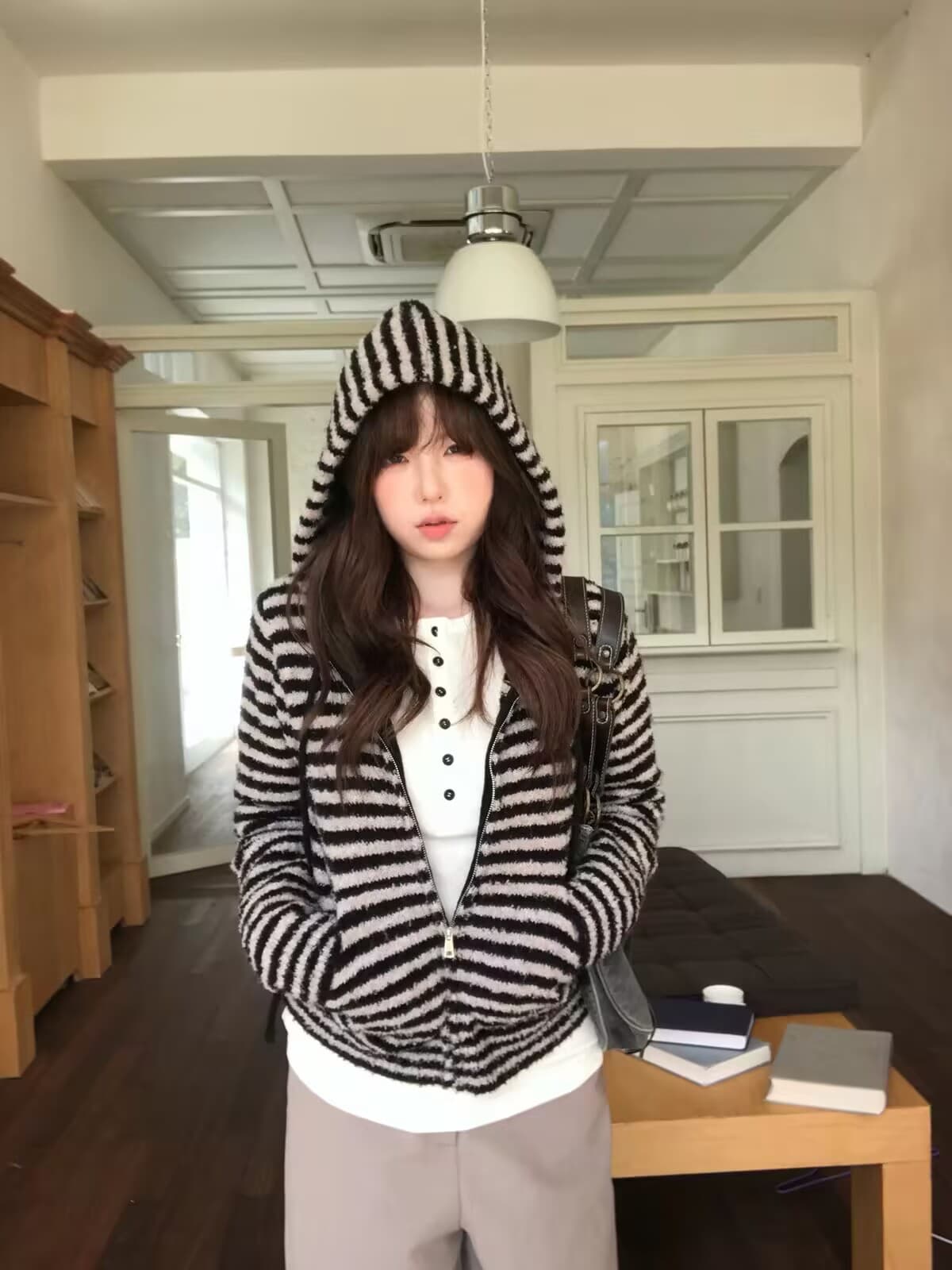 스트라이프 법 한 부서 출퇴근 스트라이프 후드 니트 오픈 가디건 쇼트 스타일 스웨터 맨위 상세 이미지 5