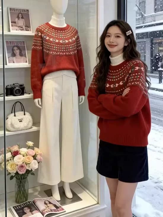 레트로 공정한 섬 스웨터 가을 겨울 소녀 느긋한 고급 센스 무거운 작업 자카드 라운드 넥 풀오버 두꺼운 양모 니트 스웨터 이미지 4