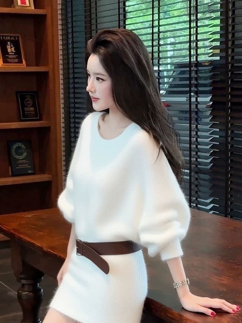 숙녀 바람 화이트 라운드 넥 스웨터 여성 드레스 2026 가을 새로운 품격 명문 여성 허리 수축 슬림해 보이는 타이트 스커트 상세 이미지 2