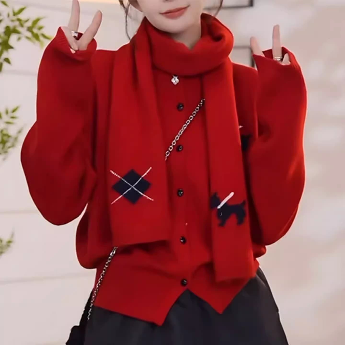 새해 로브 신년 빨간색 스웨터 세트 여성 가을 겨울철 착용 가져 가라. 전체 집합 스카프 니트 오픈 가디건 투피스 세트 상세 이미지 3