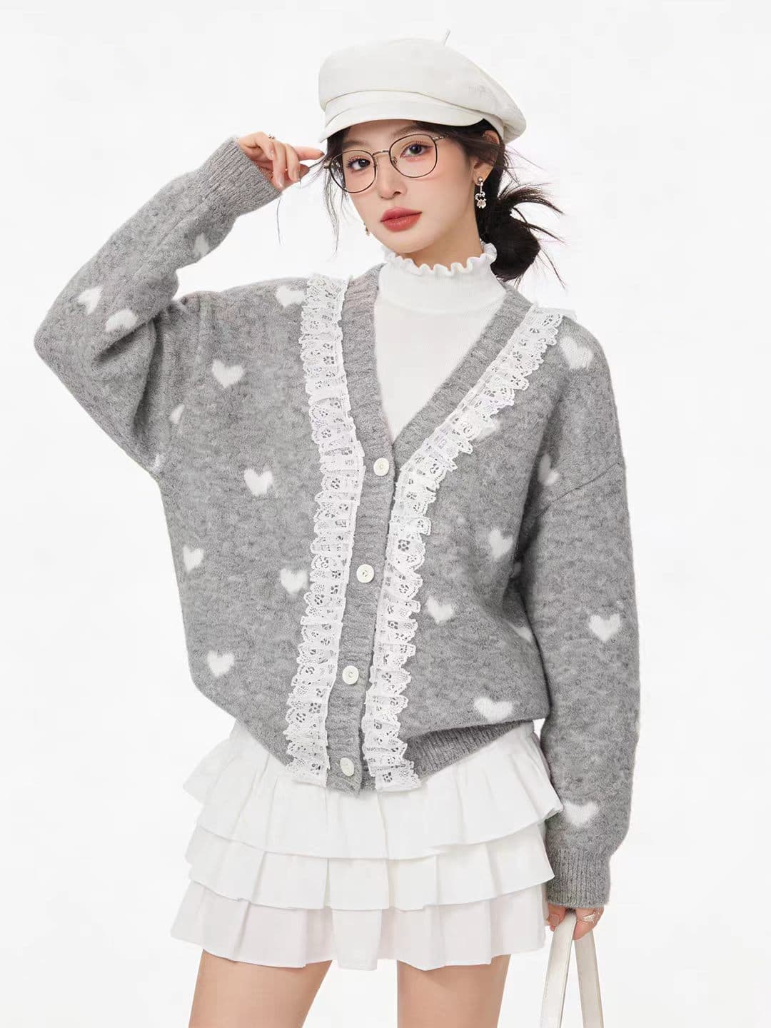 한 부서 부드러운 바람 레이스 조각 니트 V넥 오픈 가디건 잘 생긴 자카드 하트 봄 가을 스웨터 코트 슬림해 보이는 이미지 2