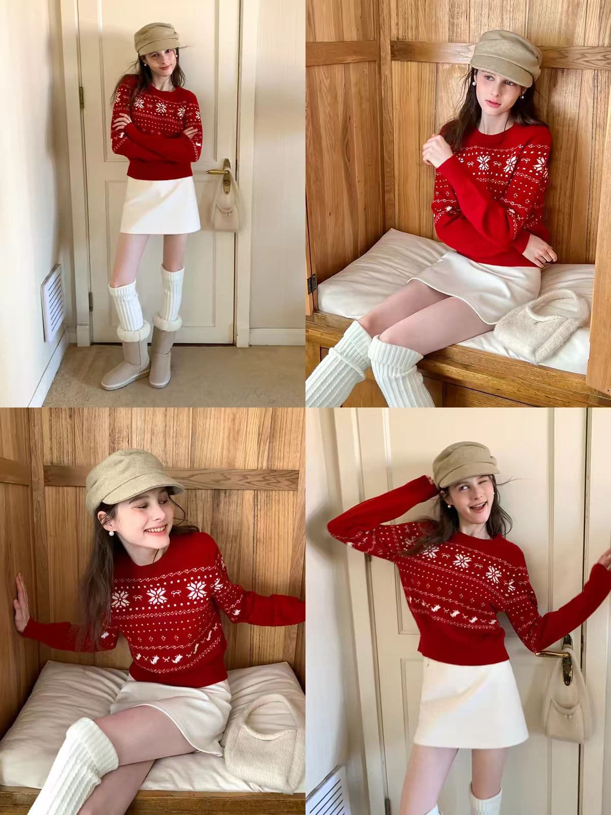 eggka 라운드 넥 레트로 자카드 풀오버 신년 빨간 머리 의류 품격 슬림해 보이는 부드러운 긴팔 맨위 상세 이미지 5
