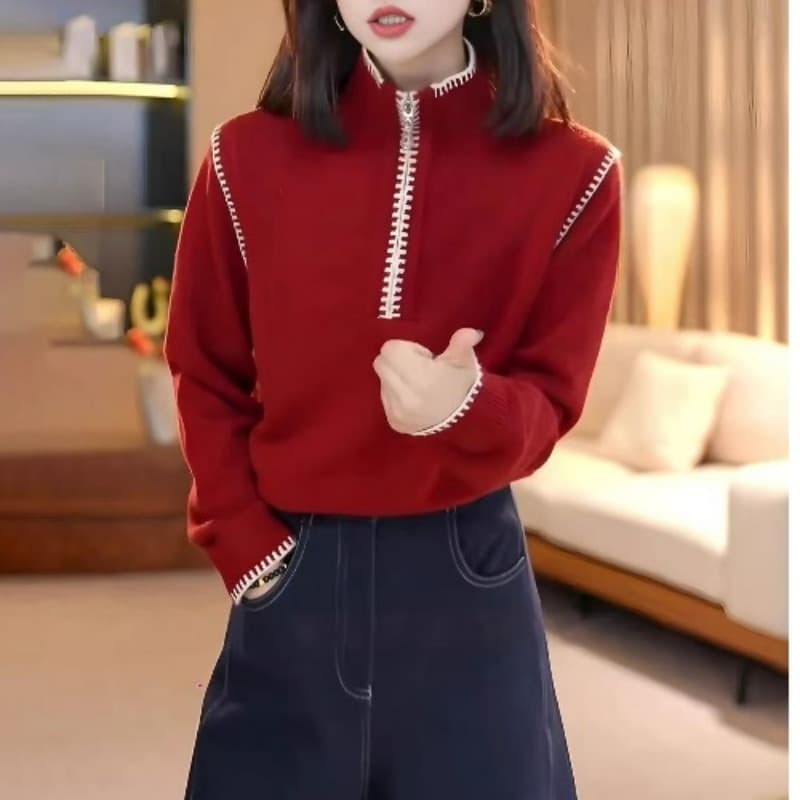 디자인 센스 배색 스탠드 칼라 하프 지퍼 니트 스웨터 여성 가을 겨울 새로운 한국 스타일 다용도 기본 셔츠 몸매 가꾸기 맨위 이미지 5