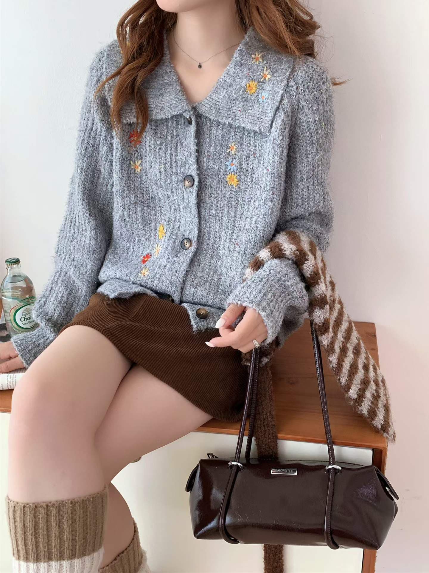 센 부서 색상 작은 데이지 자수 폴로 칼라 니트 오픈 가디건 레트로 기타 실 와이드 부드러운 찹쌀 다용도 스웨터 코트 이미지 4