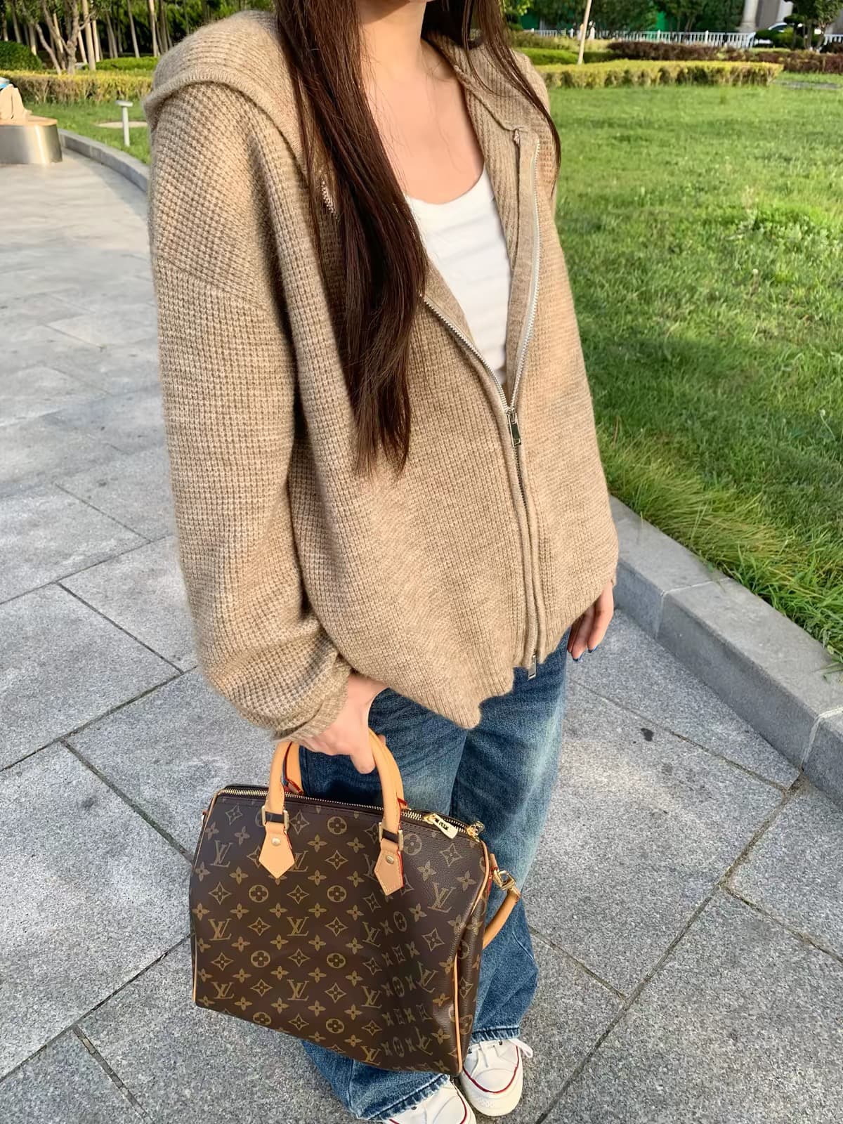 가을 겨울 새로운 한 부서 후드 지퍼 스웨터 오픈 가디건 여성 루즈핏 중간 길이 니트 재킷 상세 이미지 2