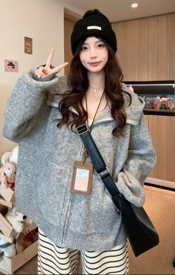한 부서 착용 가져 가라. 느슨함 센스 후드 지퍼 니트 스웨터 스웨터 여자 가을 겨울철 느긋한 바람 디자인 센스 재킷 맨위 이미지 2