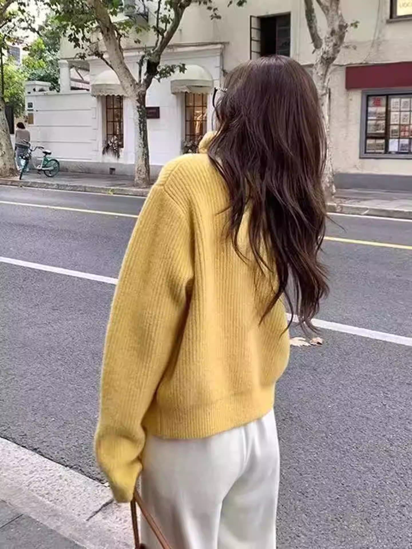 황색 터틀넥 스웨터 오픈 가디건 여성 조기 가을 겨울 프랑스식 레트로 폴로 칼라 느긋한 바람 루즈핏 재킷 니트 스웨터 맨위 이미지 4