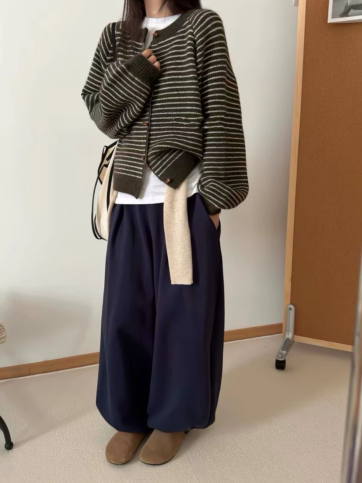 레트로 스트라이프 니트 오픈 가디건 여성 가을 새로운 루즈핏 다용도 스웨터 코트 맨위 상세 이미지 5