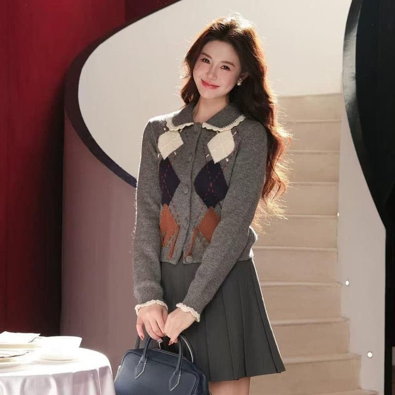 한 부서 레트로 링 그리드 니트 오픈 가디건 여성 가을 새로운 학원 스타일 스웨터 코트 루즈핏 슬림해 보이는 다용도 맨위 상세 이미지 4