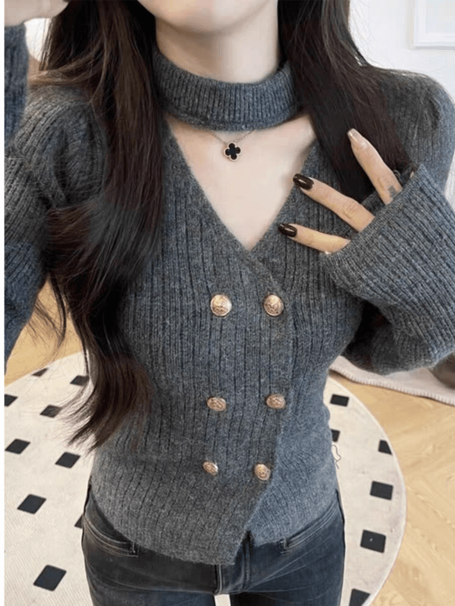가을 겨울 새로운 행침 목 니트 스웨터 여성 긴 소매 이중 버튼 쇼트 스타일 스웨터 오픈 가디건 두꺼운 인사이드 가져 가라. 기본 셔츠 맨위