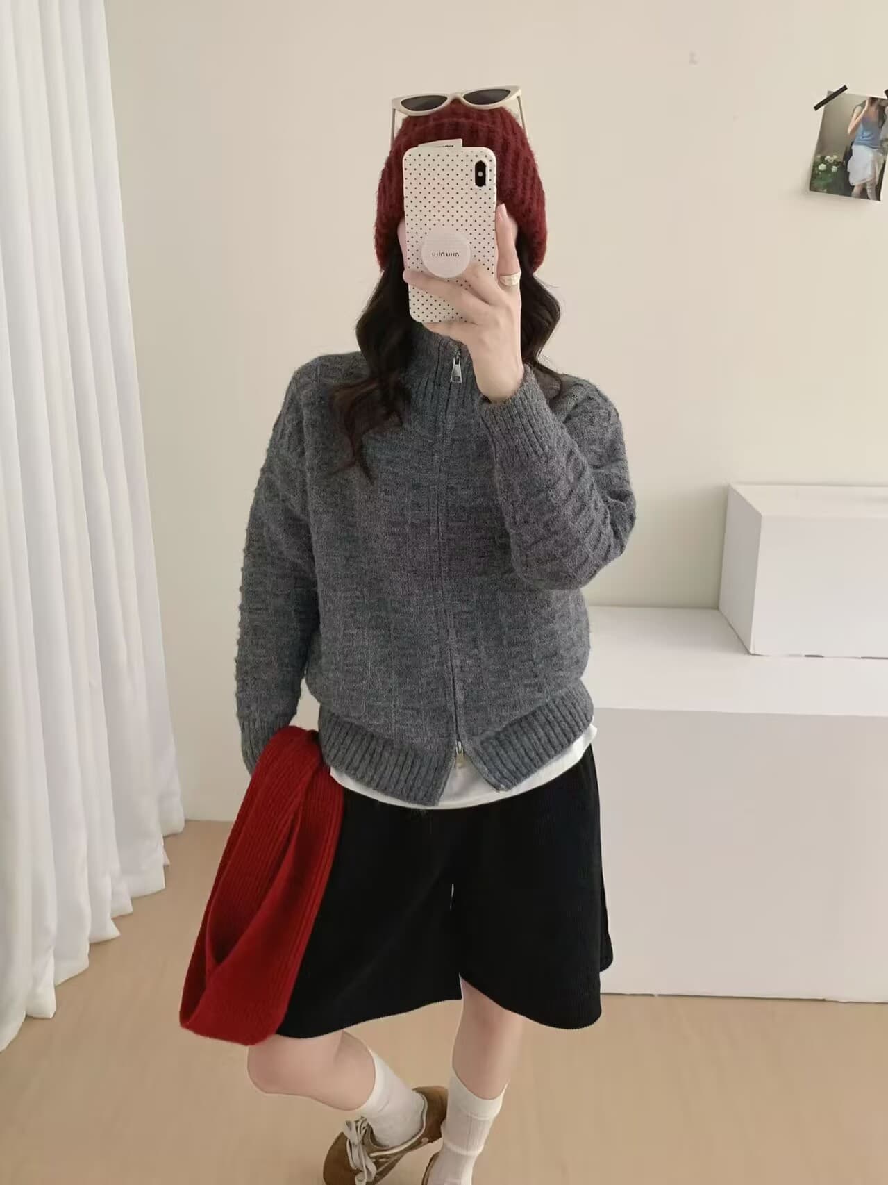 한 부서 스탠드 칼라 더블 지퍼 스웨터 오픈 가디건 여성 가을 겨울 루즈핏 쇼트 스타일 격자무늬 질감 부드러운 찹쌀 니트 재킷