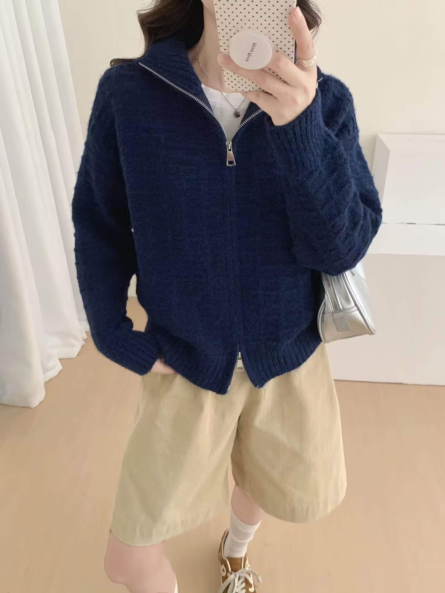 한 부서 스탠드 칼라 더블 지퍼 스웨터 오픈 가디건 여성 가을 겨울 루즈핏 쇼트 스타일 격자무늬 질감 부드러운 찹쌀 니트 재킷 상세 이미지 5