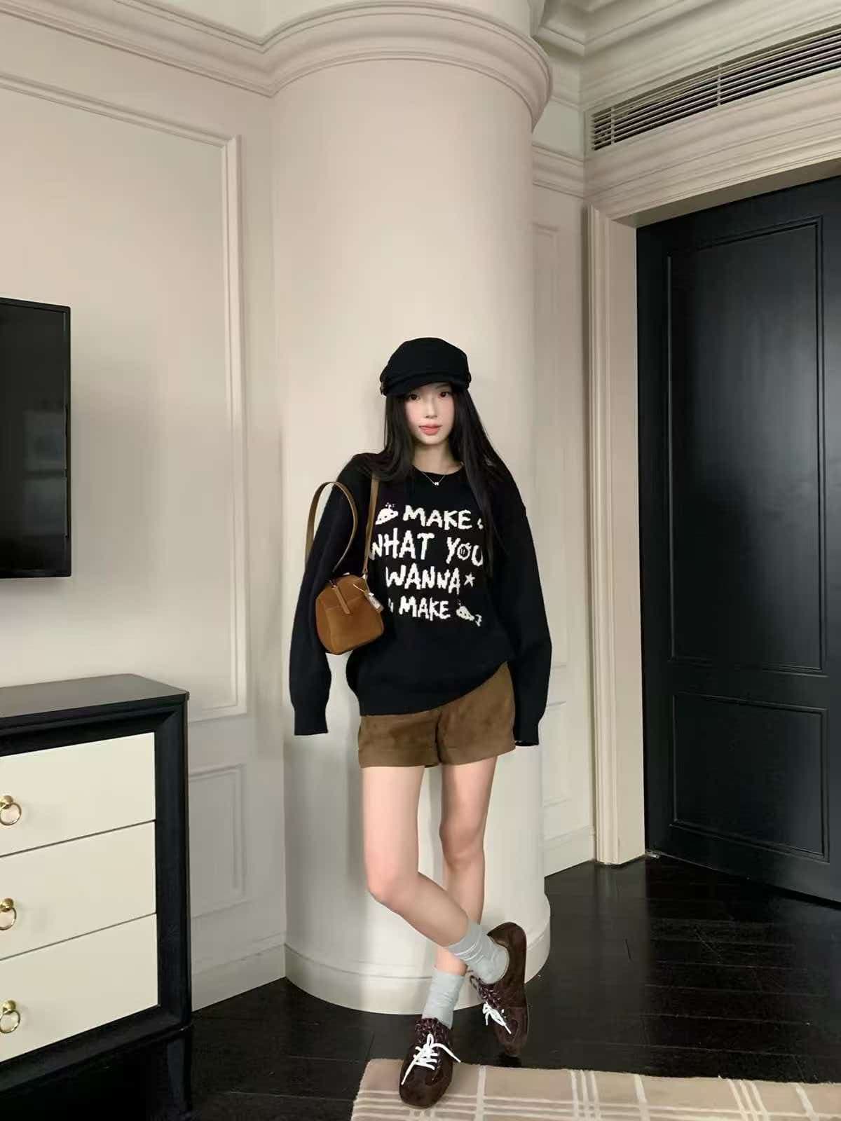 한 부서 자수 알파벳 부드러운 찹쌀 찹쌀 검정색 스웨터 여자 봄 가을 겨울 새로운 루즈핏 긴팔 니트 스웨터 작은 키 상세 이미지 9
