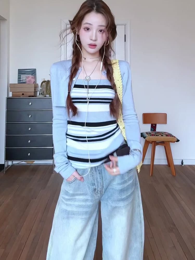 한 부서 디자인 캐주얼 세트 긍정적 인 어깨 어깨 긴팔 블라우스 인사이드 가져 가라. 스트라이프 니트 슬립 두 조각 여성 세트 이미지 2