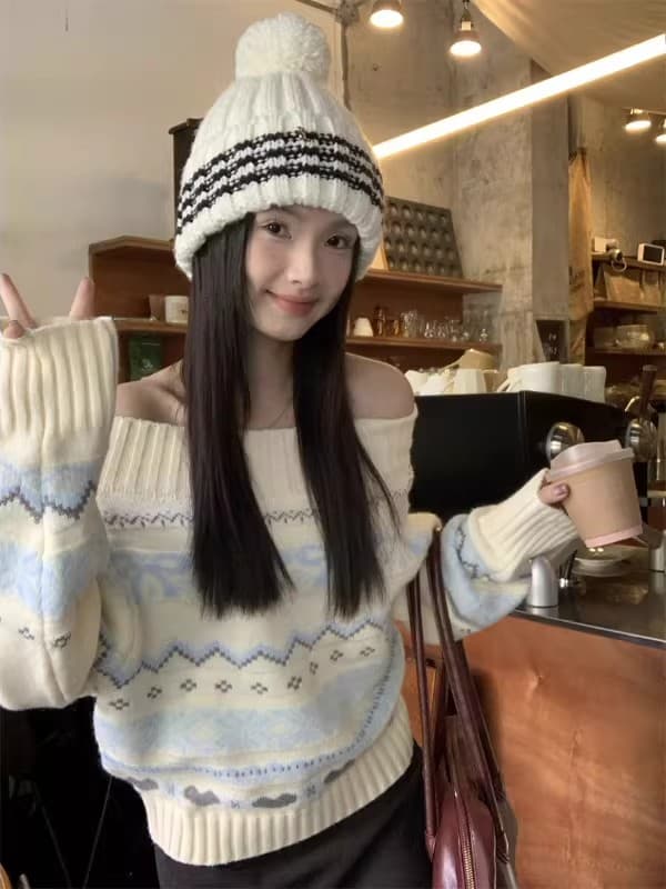 레트로 공정한 섬 자카드 스웨터 여자 가을 순수한 욕망 바람 오프숄더 루즈핏 니트 스웨터 오프숄더 맨위
