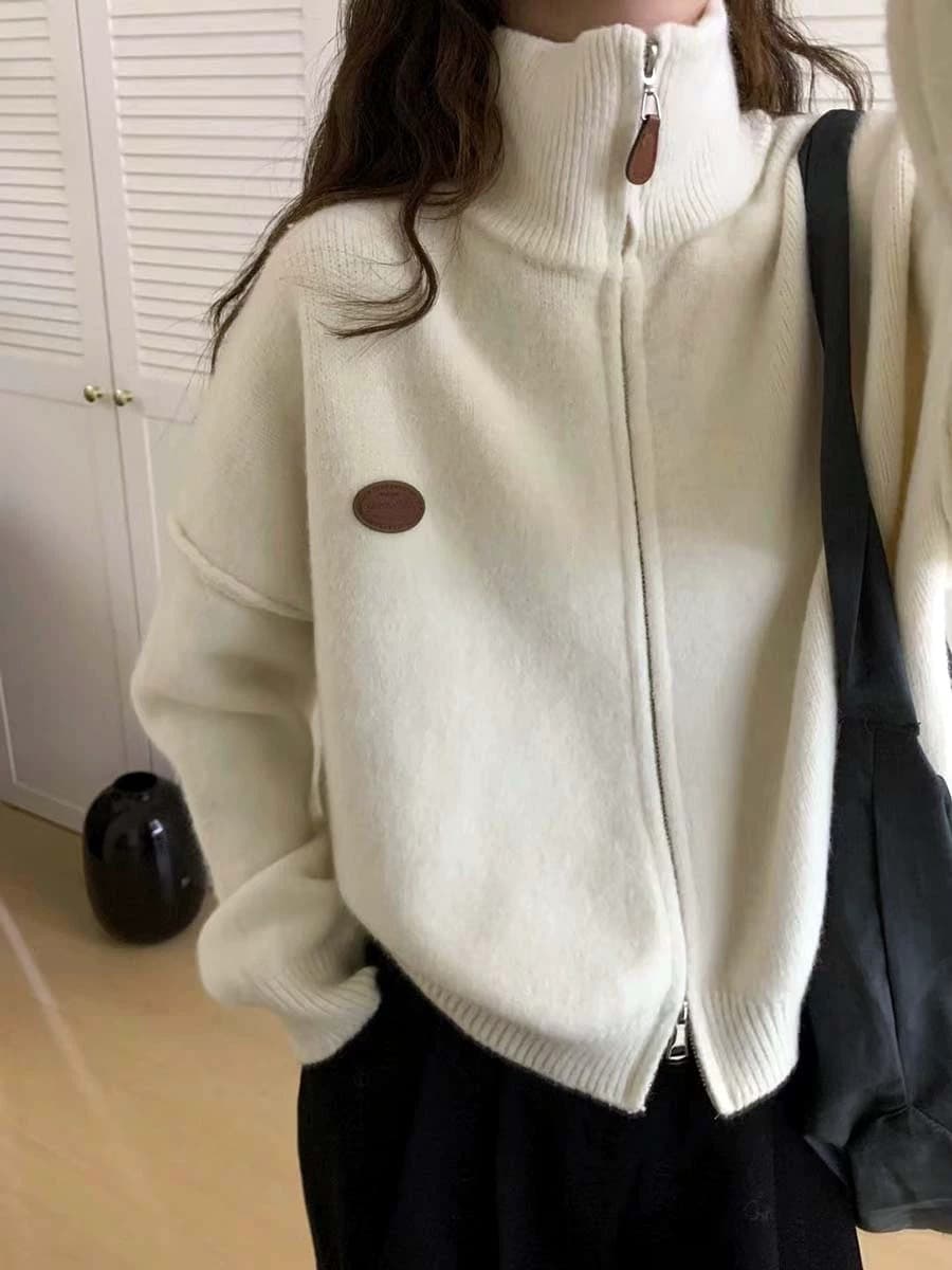 터틀넥 지퍼 스웨터 코트 여성 짧은 긴팔 루즈핏 두꺼운 스택 착용 작은 키 스탠드 칼라 가을 겨울 니트 오픈 가디건