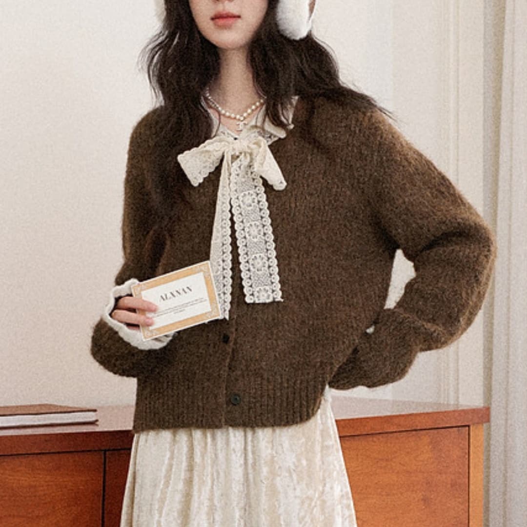 한 부서 가을 겨울 새로운 레이스 레이스업 폴로 칼라 스웨터 코트 여성 의류 루즈핏 느긋한 두꺼운 니트 오픈 가디건 이미지 3