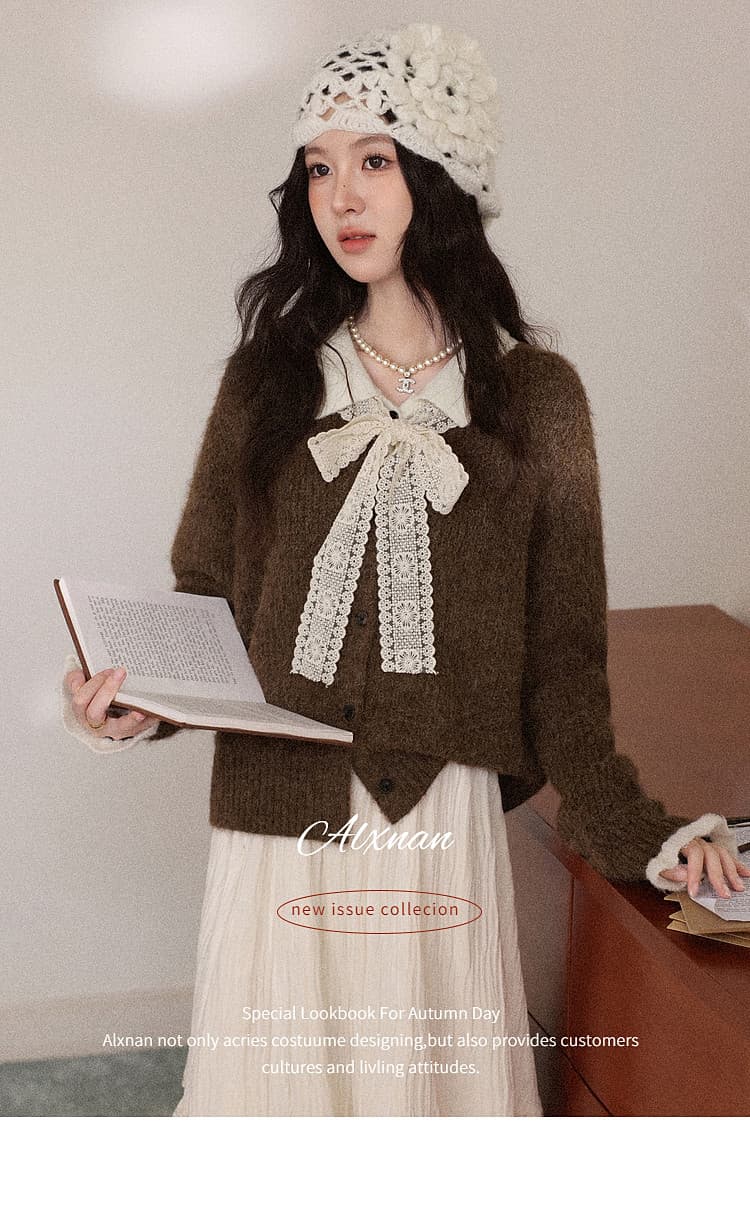 한 부서 가을 겨울 새로운 레이스 레이스업 폴로 칼라 스웨터 코트 여성 의류 루즈핏 느긋한 두꺼운 니트 오픈 가디건 상세 이미지 4