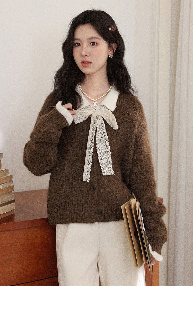 한 부서 가을 겨울 새로운 레이스 레이스업 폴로 칼라 스웨터 코트 여성 의류 루즈핏 느긋한 두꺼운 니트 오픈 가디건 상세 이미지 10