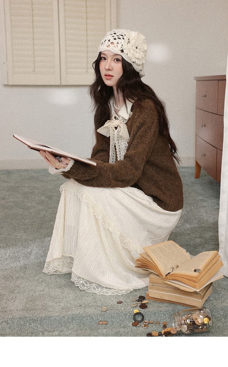 한 부서 가을 겨울 새로운 레이스 레이스업 폴로 칼라 스웨터 코트 여성 의류 루즈핏 느긋한 두꺼운 니트 오픈 가디건 상세 이미지 13