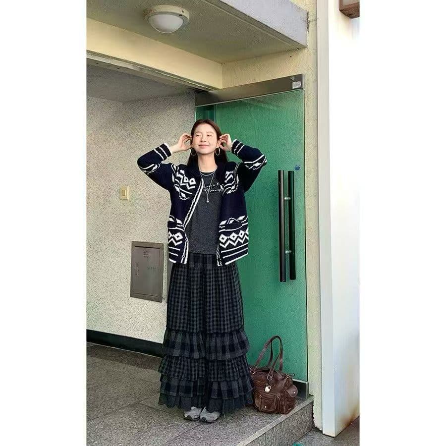 레트로 느긋한 자카드 스웨터 여자 가을 겨울 무거운 작업 폴로 칼라 싱글 줄 버튼 재킷 이미지 2