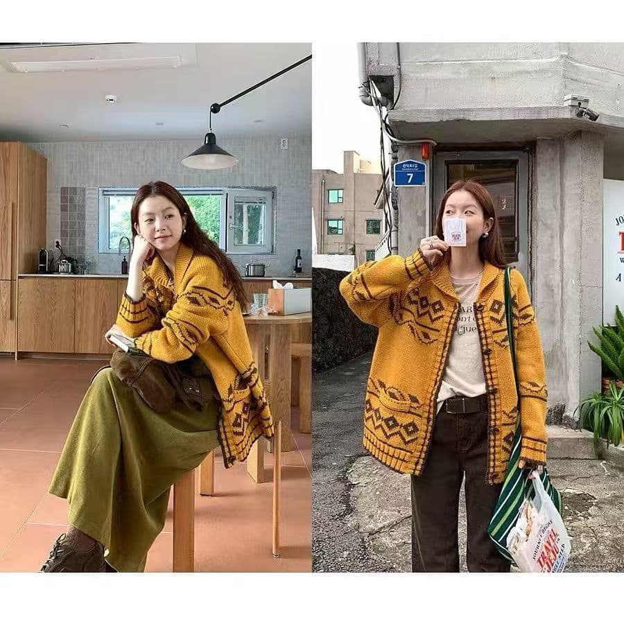 레트로 느긋한 자카드 스웨터 여자 가을 겨울 무거운 작업 폴로 칼라 싱글 줄 버튼 재킷 이미지 4
