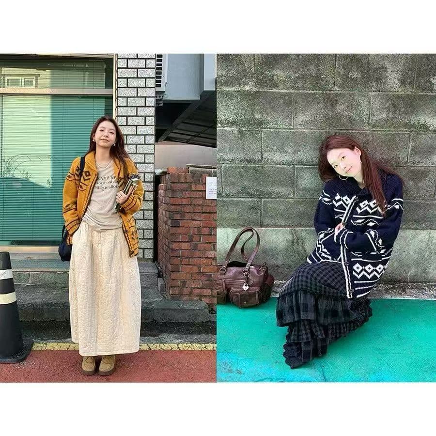 레트로 느긋한 자카드 스웨터 여자 가을 겨울 무거운 작업 폴로 칼라 싱글 줄 버튼 재킷 상세 이미지 3