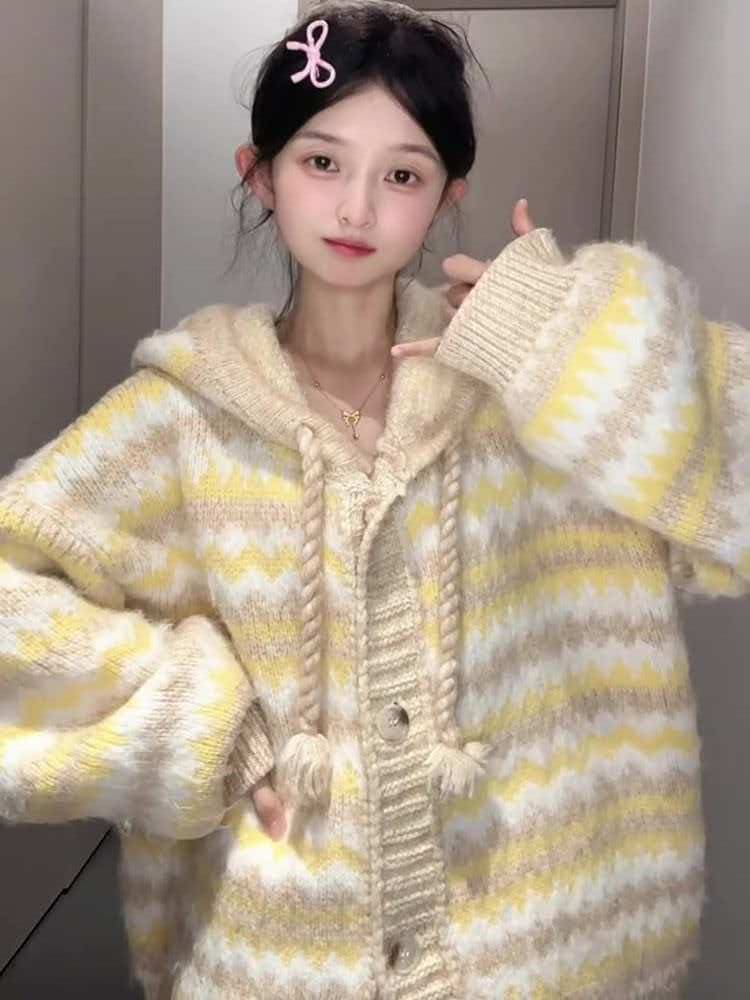 한 부서 스트라이프 후드 스웨터 오픈 가디건 여성 코트 겨울 와이드 부드러운 찹쌀 두꺼운 니트 맨위 트렌디 벨트 모피 칼라 상세 이미지 2
