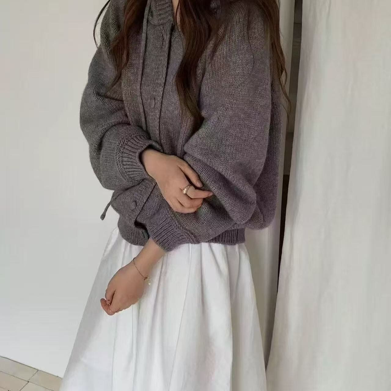 한 부서 두꺼운 단색 후드 스웨터 여성 코트 레트로 가을 겨울 새로운 디스플레이 화이트 다용도 느긋한 니트 스웨터 맨위 상세 이미지 5