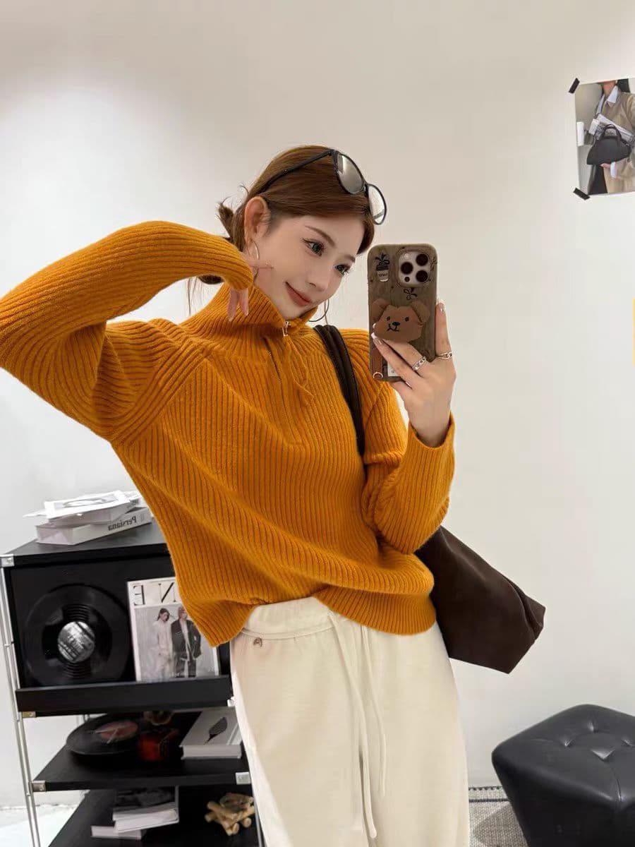 느긋한 바람 구덩이 기사 하프 지퍼 풀오버 니트 스웨터 여성 가을 겨울 새로운 고급 센스 루즈핏 슬림해 보이는 보온 기본 셔츠 상세 이미지 2
