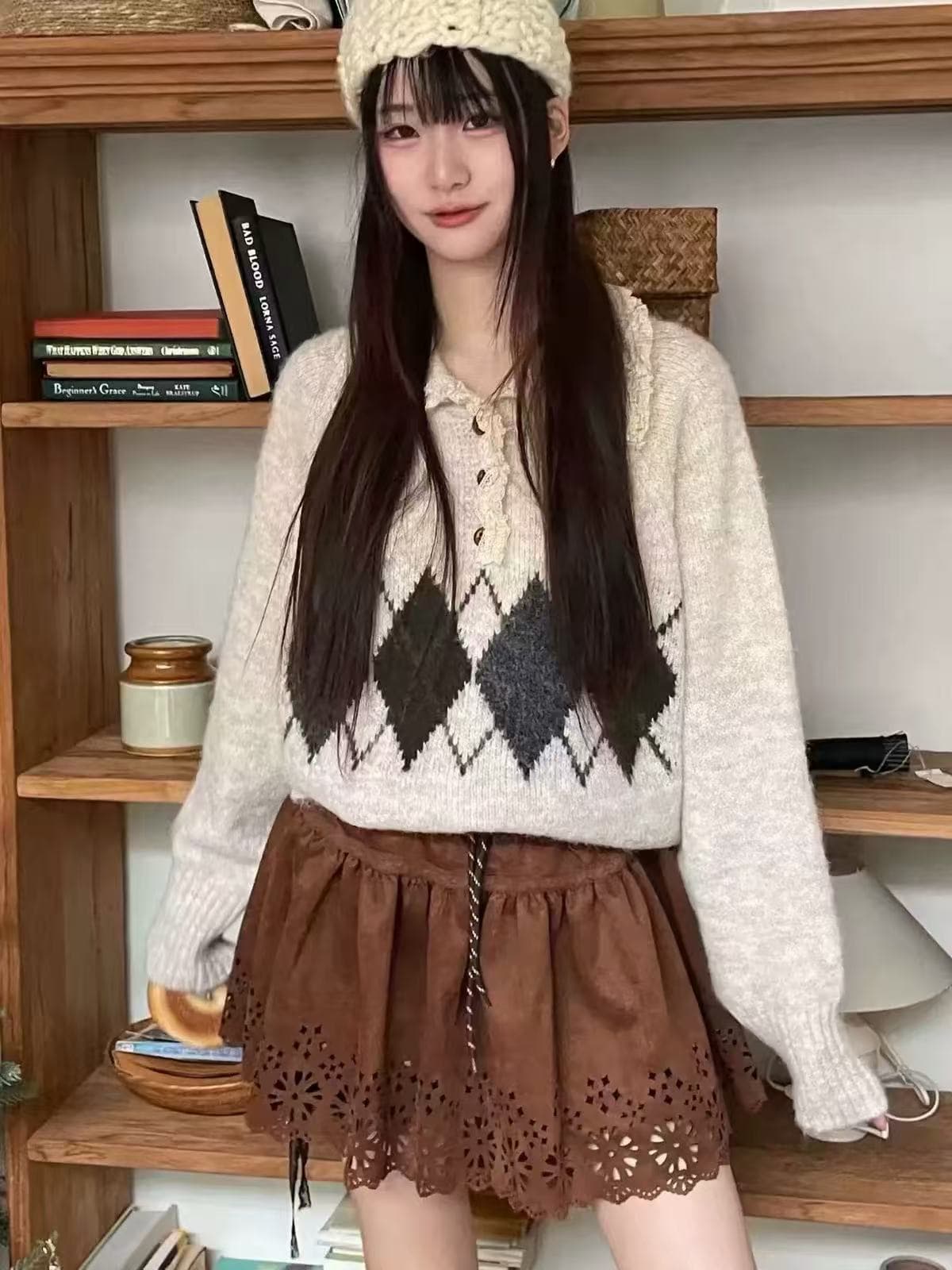 한국 스타일 미니멀리즘 슬림해 보이는 느긋한 출퇴근 다용도 링 그리드 루즈핏 스웨터 여자 가을 겨울 2026 새로운 상세 이미지 7