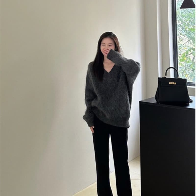 모방 밍크 플리스 V넥 스웨터 여자 가을 겨울 새로운 루즈핏 세련된 외부 가져 가라. 느긋한 바람 해마 털 부드러운 찹쌀 맨위 트렌디 상세 이미지 5