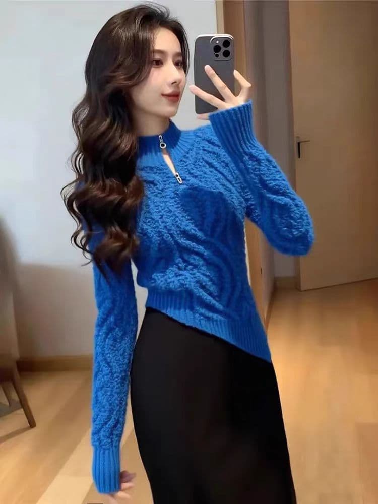 그레이트 봐라. 프랑스식 품격 Chic 파란색 스웨터 여자 가을 겨울철 불규칙 외출용 인사이드 가져 가라. 니트 스웨터 맨위 상세 이미지 2