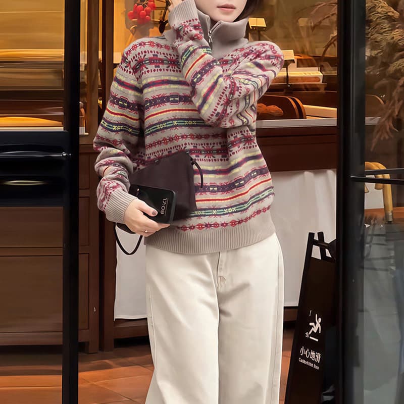빛 럭셔리 품격 레트로 배색 스트라이프 터틀넥 니트 스웨터 여성 겨울 느긋한 디자인 센스 공정한 섬 풀오버 맨위 상세 이미지 1