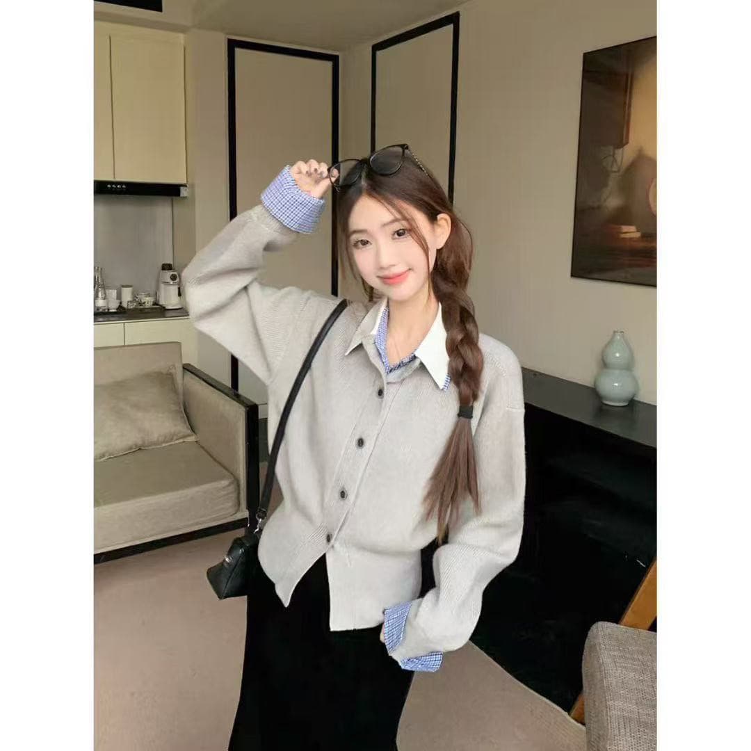 레트로 학원 스타일 페이크 레이어드 패치워크 셔츠 칼라 니트 오픈 가디건 여성 가을 루즈핏 슬림해 보이는 캐주얼 다용도 맨위 상세 이미지 2