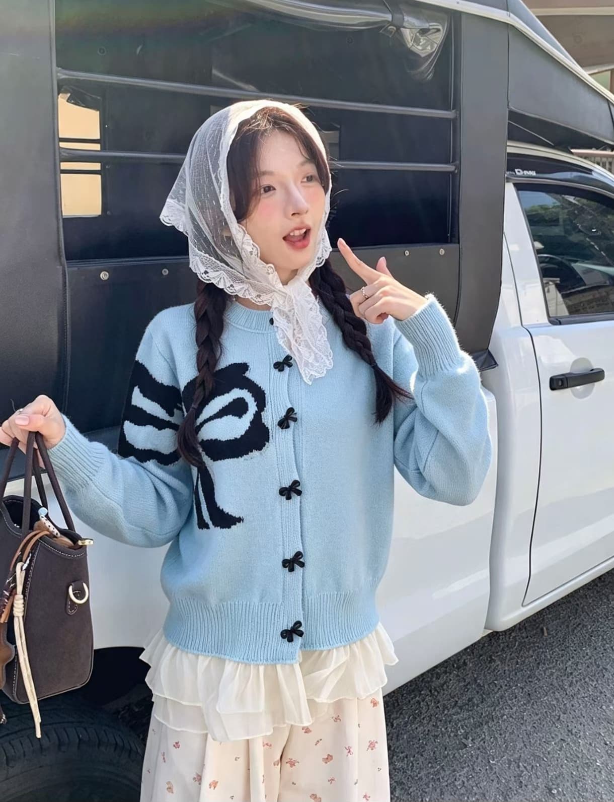 한국 chic 가을 겨울 여성 코트 프랑스식 디자인 센스 나비 매듭 프린트 패치워크 레이스 긴팔 니트 오픈 가디건 상세 이미지 1