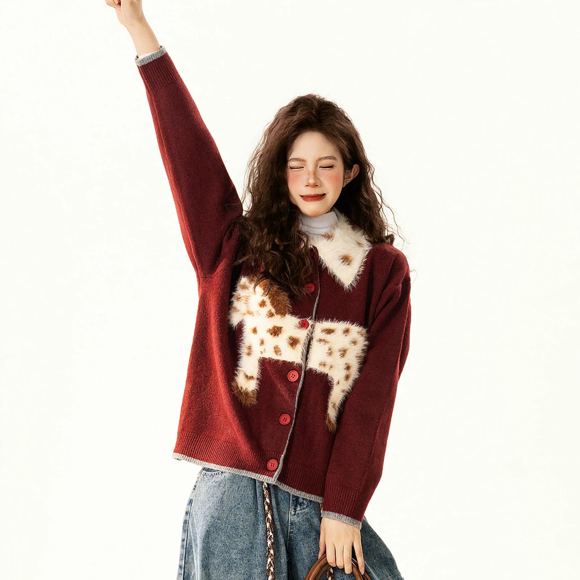 신년 분위기 센스 작은 말 자카드 빨간색 스웨터 오픈 가디건 여성 루즈핏 느긋한 다용도 니트 재킷