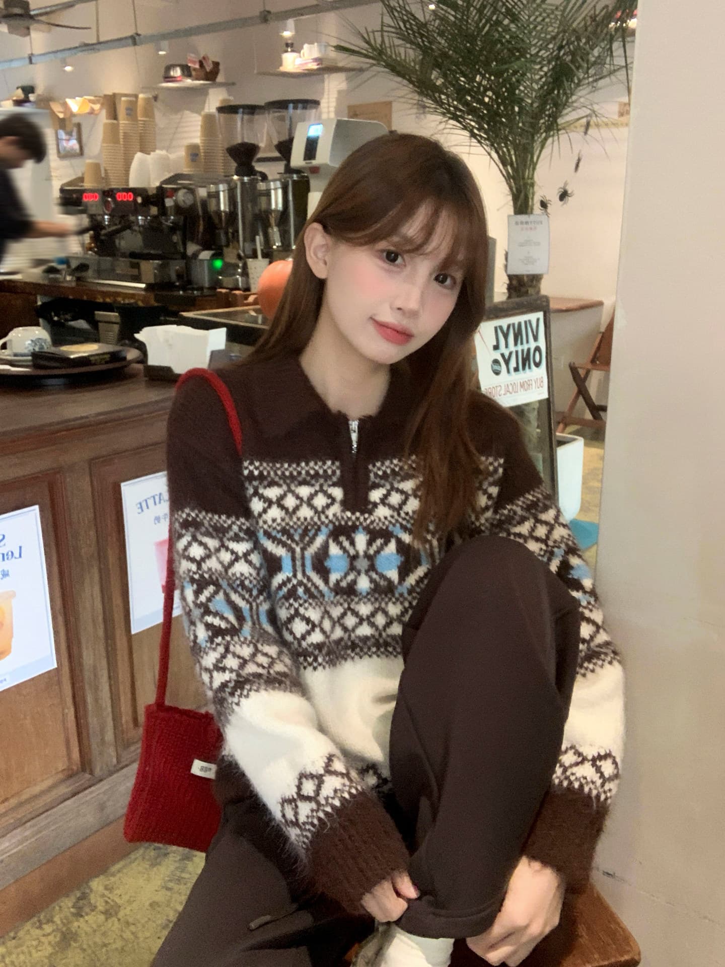 레트로 가을 겨울 새로운 공정한 섬 느긋한 하프 지퍼 두꺼운 스웨터 폴로 칼라 루즈핏 자카드 니트 스웨터 맨위 재킷